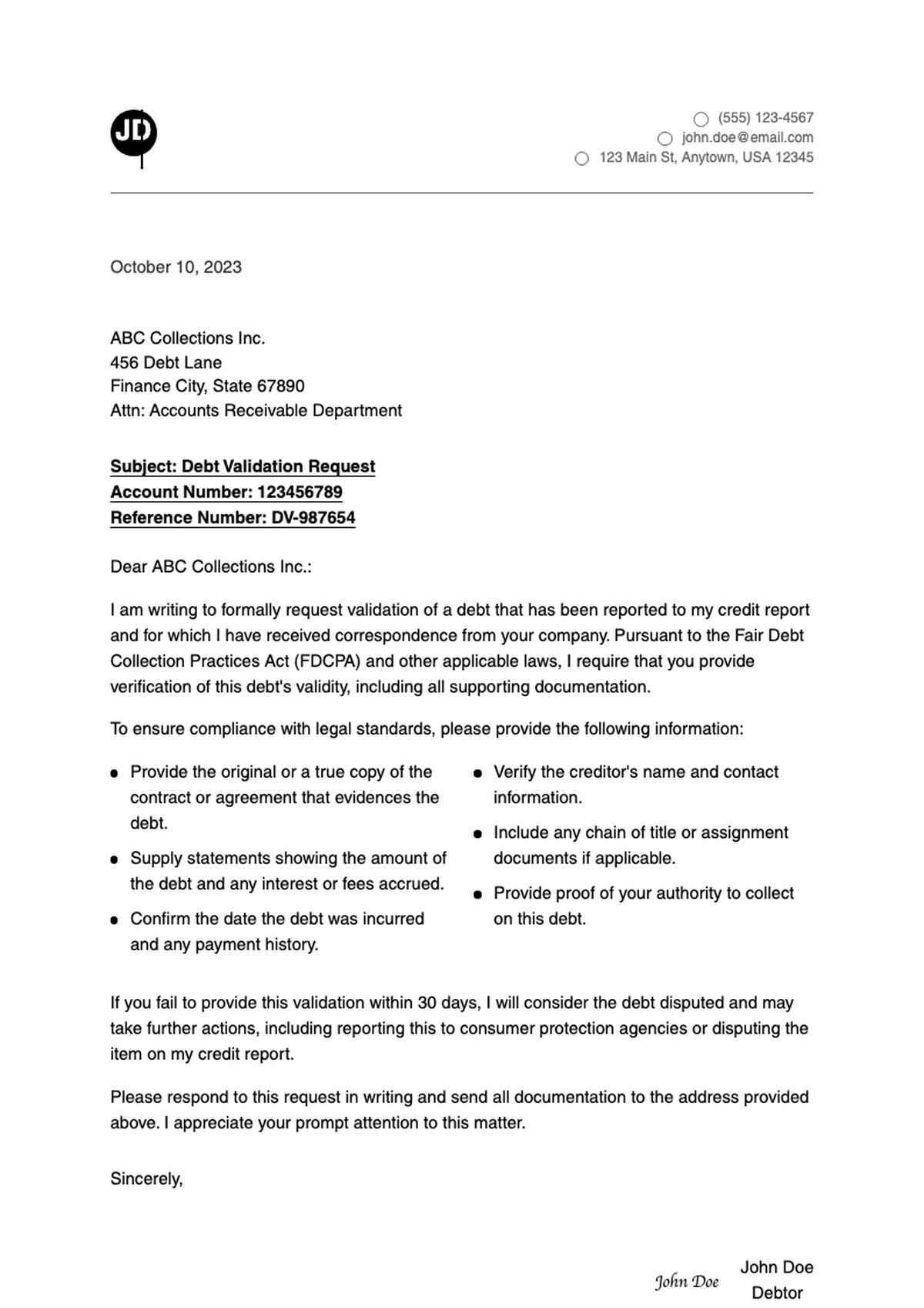 Debt validation request letter template with FDCPA compliance and editable formats_variant_1